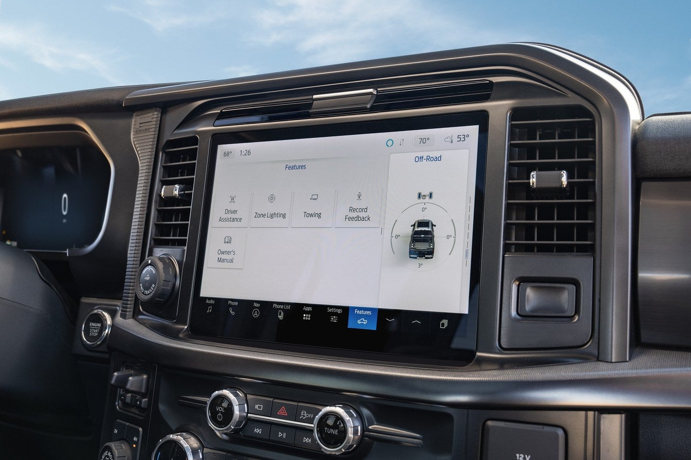 Close up of the 12 inch center display inside a Ford F-150