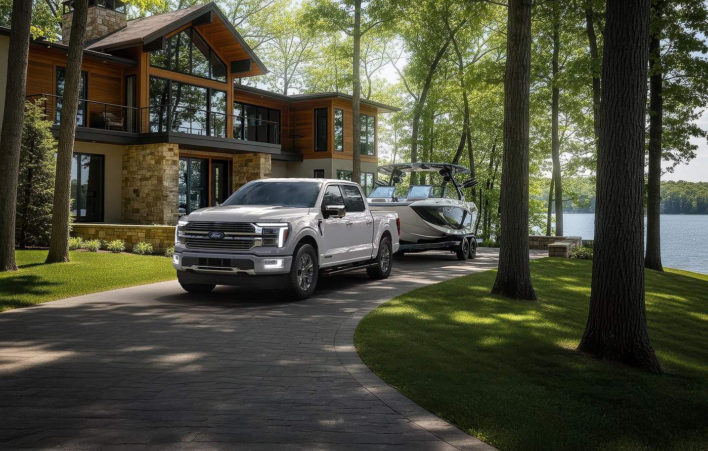 Ford F-150 Platinum pulling a small trailer on a country road